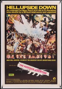 5a0310 POSEIDON ADVENTURE linen Aust 1sh 1973 Kunstler art of Gene Hackman & Stella Stevens escaping!