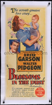 5a0692 BLOSSOMS IN THE DUST linen Aust daybill R1950s art of Greer Garson w/baby, Walter Pidgeon!