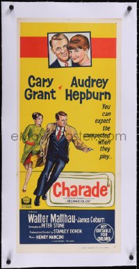 5a0696 CHARADE linen Aust daybill 1963 Cary Grant with gun & Audrey Hepburn, expect the unexpected!