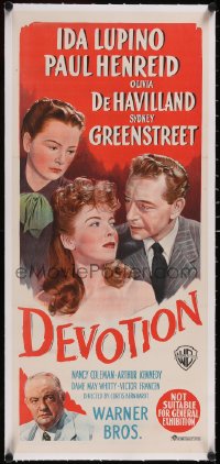 5a0700 DEVOTION linen Aust daybill 1946 Ida Lupino & Olivia De Havilland are opposite sisters, rare!