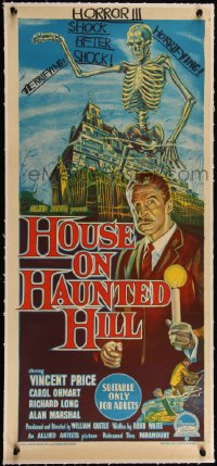 5a0711 HOUSE ON HAUNTED HILL linen Aust daybill 1959 censored art of Price & skeleton, very rare!