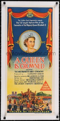 5a0741 QUEEN IS CROWNED linen Aust daybill 1953 Queen Elizabeth II's coronation documentary, rare!