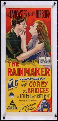 5a0742 RAINMAKER linen Aust daybill 1956 Richardson Studio art of Burt Lancaster & Hepburn, rare!