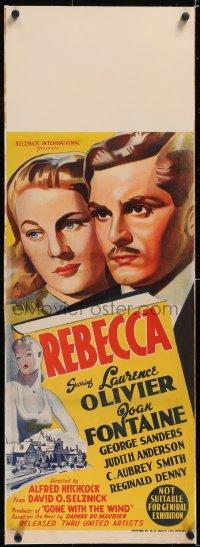 5a0220 REBECCA linen long Aust daybill R1947 Alfred Hitchcock, art of Laurence Olivier & Joan Fontaine!