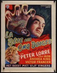 5a0772 BEAST WITH FIVE FINGERS linen Belgian 1948 different art of Peter Lorre & scaly hand, rare!