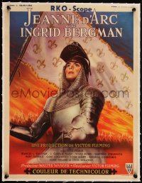 5a0802 JOAN OF ARC linen Belgian 1949 great art of heroine Ingrid Bergman in full armor w/flag!