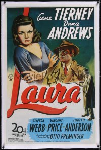 5a0806 LAURA linen Belgian 27x40 R1990s Gene Tierney & Dana Andrews from 1-sheet, used in France!