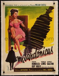 5a0812 MR. SARDONICUS linen Belgian 1961 William Castle, art of bound woman & his silhouette, rare!