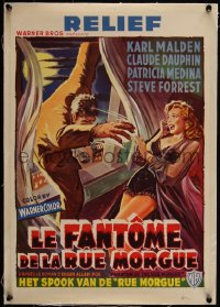 5a0820 PHANTOM OF THE RUE MORGUE linen Belgian 1954 art of monstrous man & sexy girl in nightie!