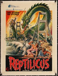 5a0825 REPTILICUS linen Belgian 1962 indestructible 50 million year-old giant lizard destroys bridge!