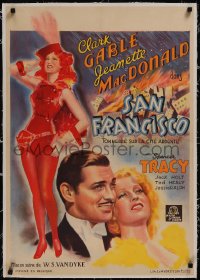 5a0179 SAN FRANCISCO linen pre-war Belgian 1936 art of Clark Gable & sexy Jeanette MacDonald, rare!