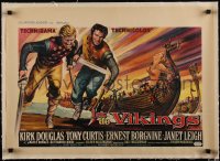 5a0843 VIKINGS linen Belgian 1958 different art of Kirk Douglas, Tony Curtis & Janet Leigh, rare!