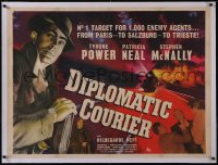 5a0424 DIPLOMATIC COURIER linen British quad 1952 art of Tyrone Power & train + Patricia Neal, rare!