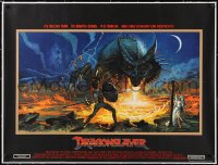 5a0426 DRAGONSLAYER linen British quad 1981 Bysouth fantasy art of Peter MacNicol w/spear, dragon!