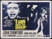 5a0438 I SAW WHAT YOU DID linen British quad 1965 Joan Crawford, Castle, you may be next, very rare!