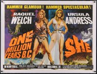 5a0448 ONE MILLION YEARS B.C./SHE linen British quad 1960s Welch & Andress, Chantrell art, teaser!