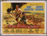 5a0458 UNFORGIVEN linen British quad 1960 McCarthy & Cravath art of Burt Lancaster & Audrey Hepburn!