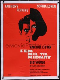 5a0266 FIVE MILES TO MIDNIGHT linen Danish 1963 art of Sophia Loren & Anthony Perkins, very rare!