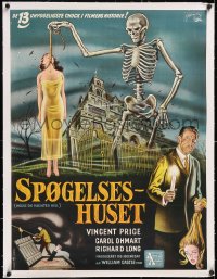 5a0268 HOUSE ON HAUNTED HILL linen Danish 1960 art of Vincent Price & skeleton hanging girl, rare!