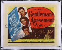 5a0411 GENTLEMAN'S AGREEMENT linen pre-awards English 1/2sh 1948 Kazan, Peck, McGuire, Garfield, rare!