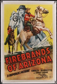 5a0116 FIREBRANDS OF ARIZONA linen 1sh 1944 art of cowboy Smiley Burnette & Sunset Carson, rare!