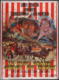 5a0084 CIRCUS WORLD linen French 1p 1964 best art of Claudia Cardinale & John Wayne by Jean Mascii!