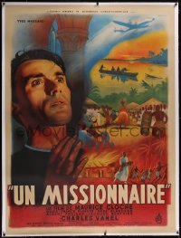 5a0098 MISSIONARY linen French 1p 1955 Bonneaud art of missionary Yves Massard in Africa, rare!