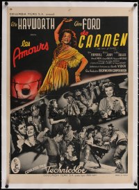 5a0374 LOVES OF CARMEN linen French 22x31 1950 sexy Rita Hayworth & Glenn Ford, different montage!