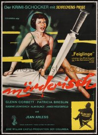 5a0397 HOMICIDAL linen German 1961 Castle, completely different art of terrified lady & giant knife!