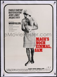 5a0405 PLAY IT AGAIN, SAM linen German 1973 different image of Woody Allen w/only towel & shower cap!