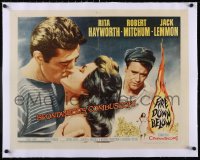 5a1006 FIRE DOWN BELOW linen style A 1/2sh 1957 sexy Rita Hayworth, Robert Mitchum & Jack Lemmon!