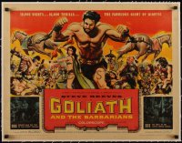 5a1017 GOLIATH & THE BARBARIANS linen 1/2sh 1959 art of Steve Reeves pulling 2 horses, Chelo Alonso!