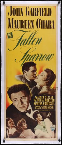 5a0880 FALLEN SPARROW linen insert 1943 John Garfield escapes Nazis & loves Maureen O'Hara, rare!