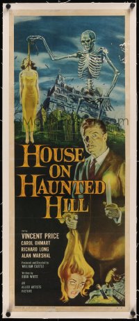 5a0896 HOUSE ON HAUNTED HILL linen insert 1959 classic art of Vincent Price & skeleton hanging girl!