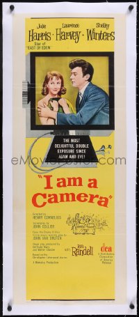 5a0897 I AM A CAMERA linen insert 1955 Laurence Harvey grabs Julie Harris wearing only by a towel!