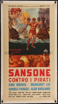 5a0674 SAMSON AGAINST THE PIRATES linen Italian locandina 1963 art of Morris pulling ships, rare!