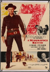 5a0173 MAGNIFICENT SEVEN linen Italian 27x37 pbusta 1961 Brynner, McQueen, Sturges' 7 Samurai western!