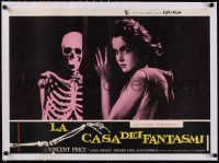 5a0327 HOUSE ON HAUNTED HILL linen Italian 19x27 pbusta 1960 close up of scared girl & skeleton!