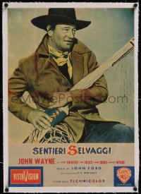 5a0332 SEARCHERS linen Italian 19x27 pbusta 1956 John Ford, great c/u of cowboy John Wayne, rare!