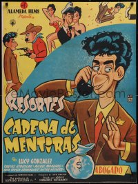 5a0579 CADENA DE MENTIRAS linen Mexican poster 1955 wacky cartoon art of comedian Resortes by Cabral!