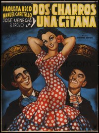 5a0585 DOS CHARROS UNA GITANA linen Mexican poster 1950s cool Ernesto Garcia Cabral art, very rare!