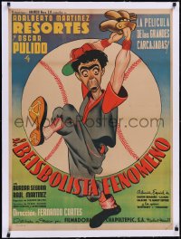 5a0586 EL BEISBOLISTA FENOMENO linen Mexican poster 1952 art of baseball player Resortes, very rare!