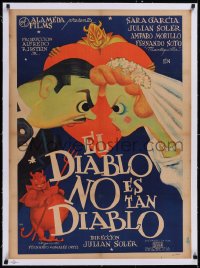 5a0587 EL DIABLO NO ES TAN DIABLO linen Mexican poster 1949 AA art of Devil & angry newlyweds, rare!