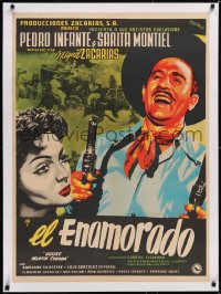 5a0588 EL ENAMORADO linen Mexican poster 1952 Renau art of laughing Infante w/ 2 guns & sexy Montiel!