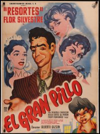 5a0589 EL GRAN PILLO linen Mexican poster 1960 Mendoza art of winking Resortes & three sexy girls!