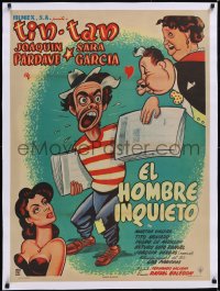 5a0590 EL HOMBRE INQUIETO linen Mexican poster 1953 art of German Valdes as Tin-Tan the newsboy!