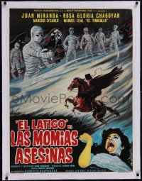 5a0591 EL LATIGO CONTRA LAS MOMIAS ASESINAS linen Mexican poster 1980 art of hero & mummies, rare!