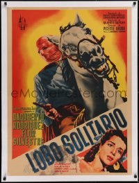 5a0592 EL LOBO SOLITARIO linen Mexican poster 1952 art of masked man on horse & Flor Silvestre, rare!