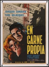 5a0596 EN CARNE PROPIA linen Mexican poster 1960 art of top stars over bloody newspapers, very rare!