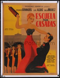 5a0598 ESCUELA PARA CASADAS linen Mexican poster 1949 art of woman attacking man w/rolling pin, rare!